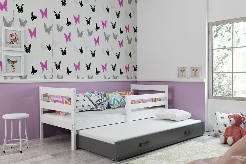 eoshop Detská posteľ Eryk - 2 osoby, 90x200 s výsuvnou prístelkou - Biela, Grafit
